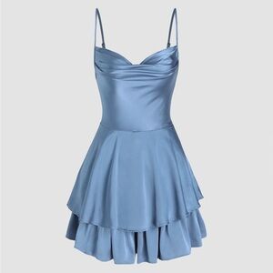 Elegant Blue Satin Romper Dress